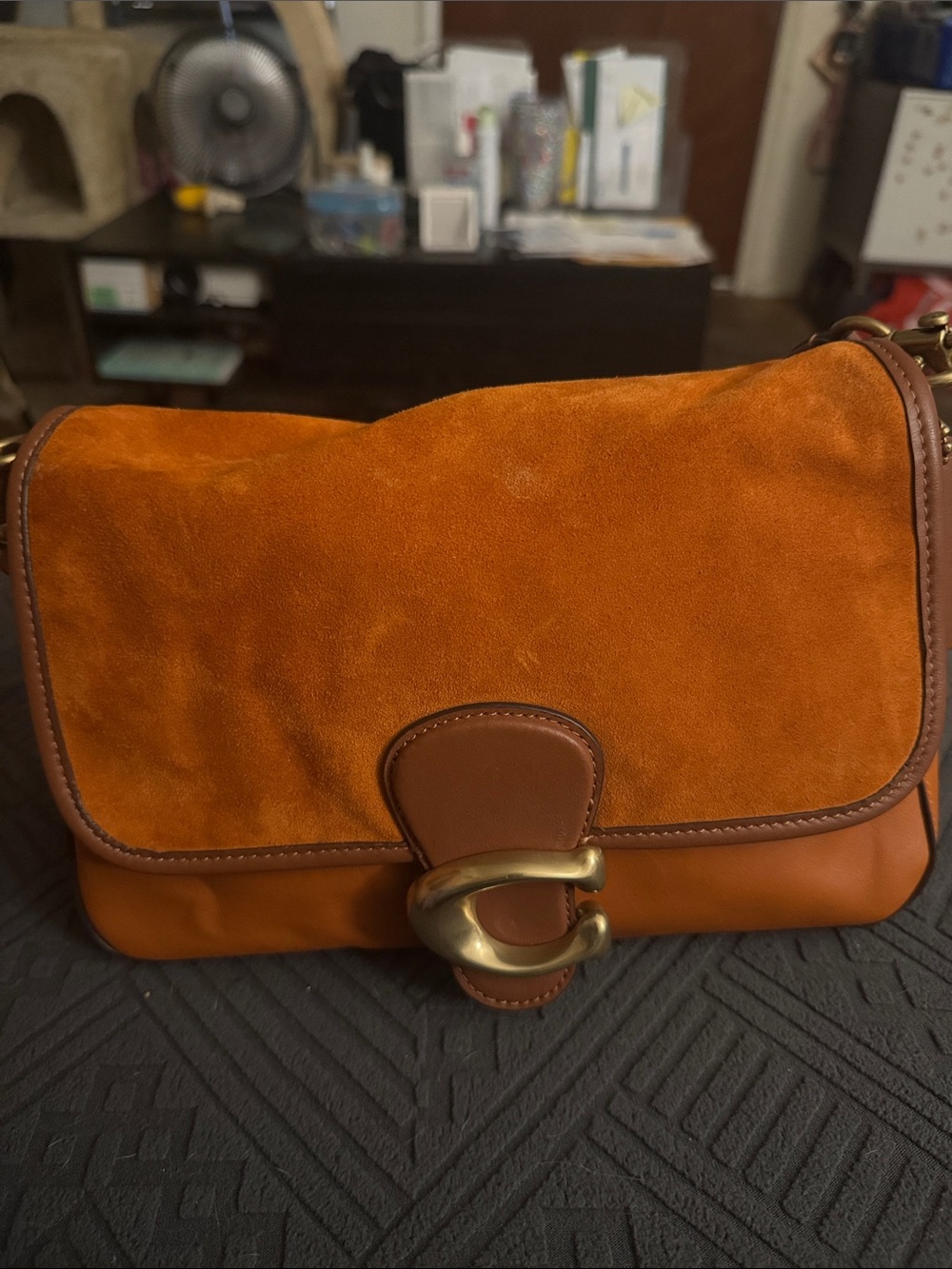 Suede & Leather Shoulder Bag in Burnt Orange - Picture 2 of 4
